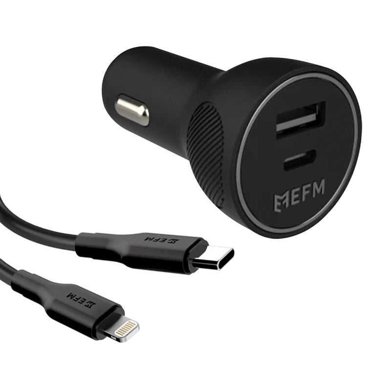 EFM 39W Dual Port Car Charger With Type C to Apple Lightning Cable - Black