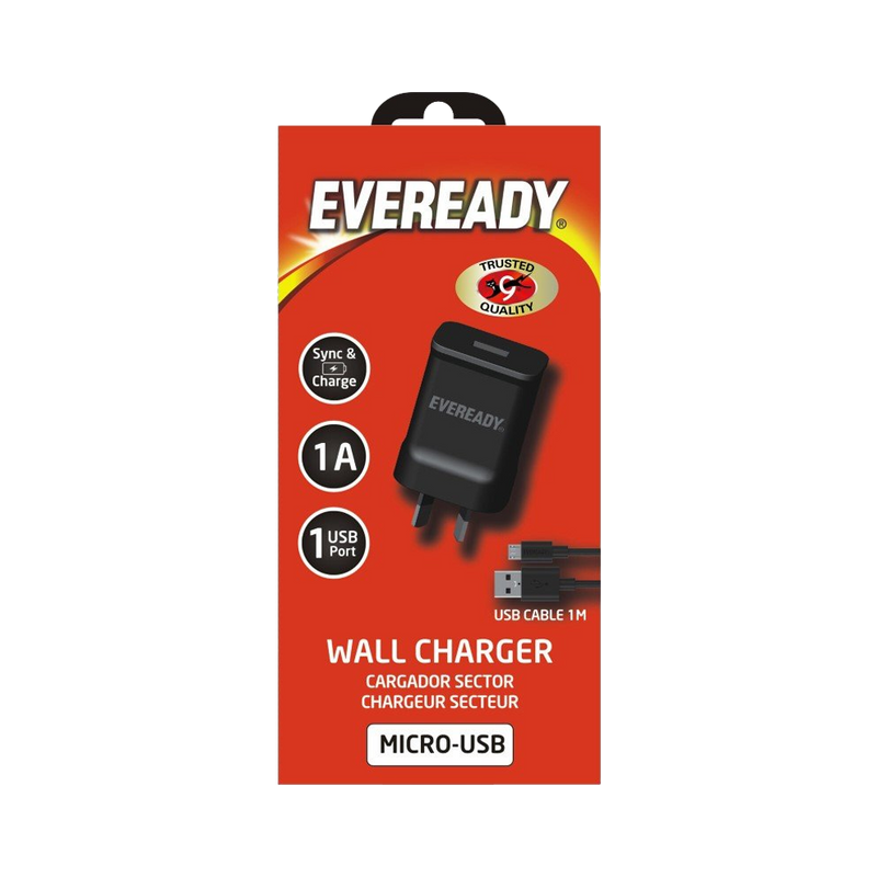 Eveready Wall Charger 1A+Micro USB Cable 1M Black
