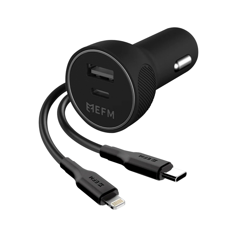 EFM 39W Dual Port Car Charger With Type C to Apple Lightning Cable - Black