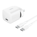 Belkin BoostCharge 25W Wall Charger & USB-C Cable With USB-C Output & 1m USB-C to USB-C Cable - White