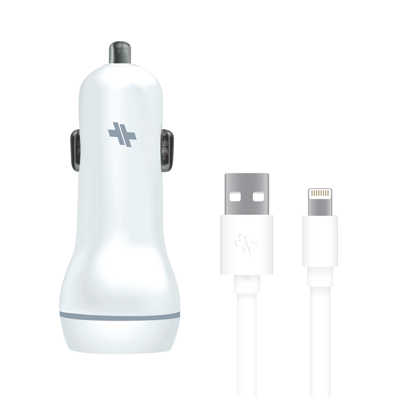 GeoSwiss Dual Port 3.4A Universal Car Charger with Lightning Cable (White)