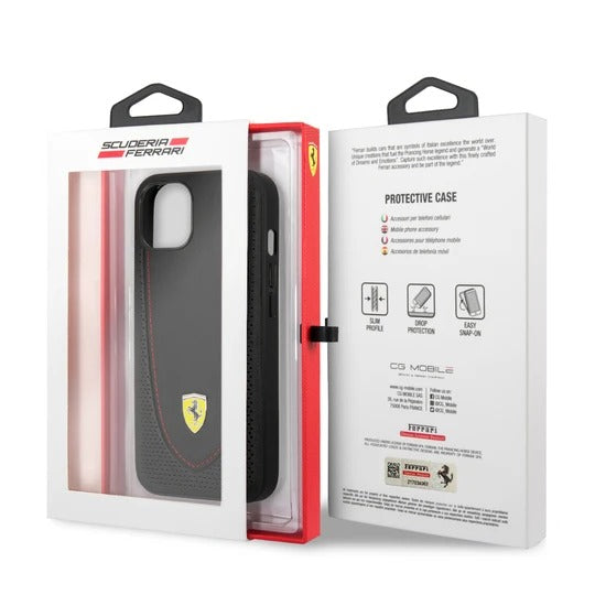 Ferrari HC Leather Stitched for iPhone 13 Red Line Black
