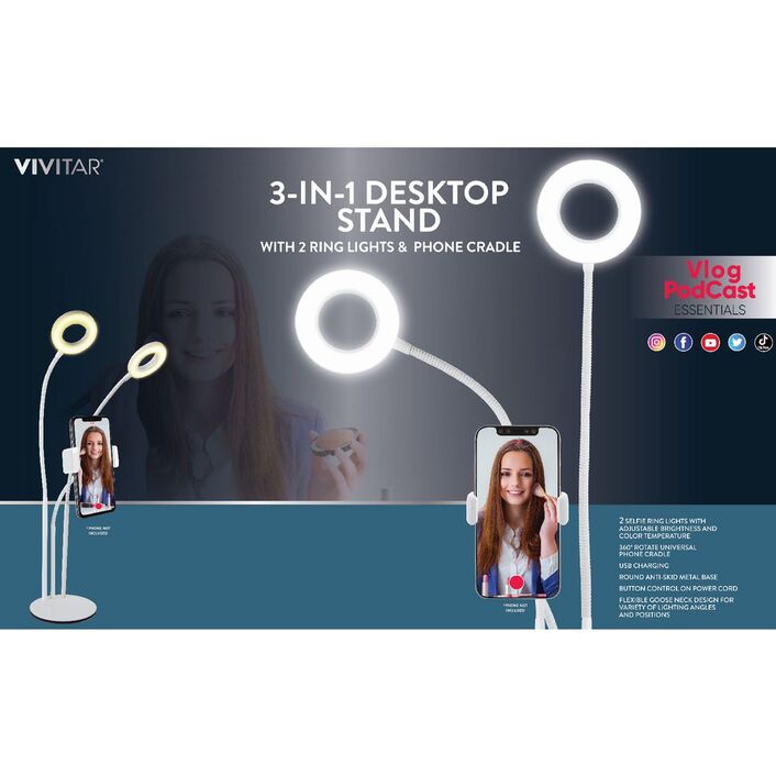 Vivitar 3-in-1 Desktop Stand with 2 Ring Lights & Phone Cradle