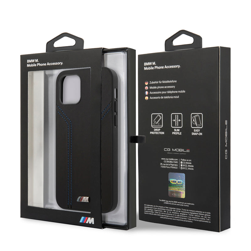 BMW Pu Leather M Collection With Double Stitched Blue Lines - iPhone 12 / iPhone 12 Pro Black