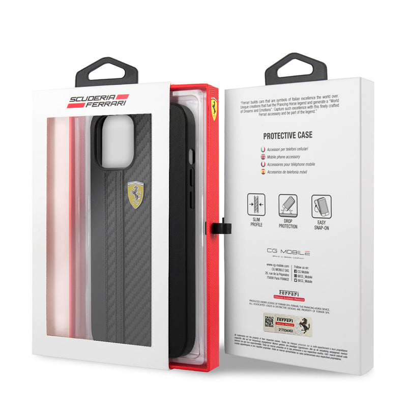 Ferrari Phone Case Pu Leather On Track Carbon Effect With Stripes - iPhone 12 Pro Max Black