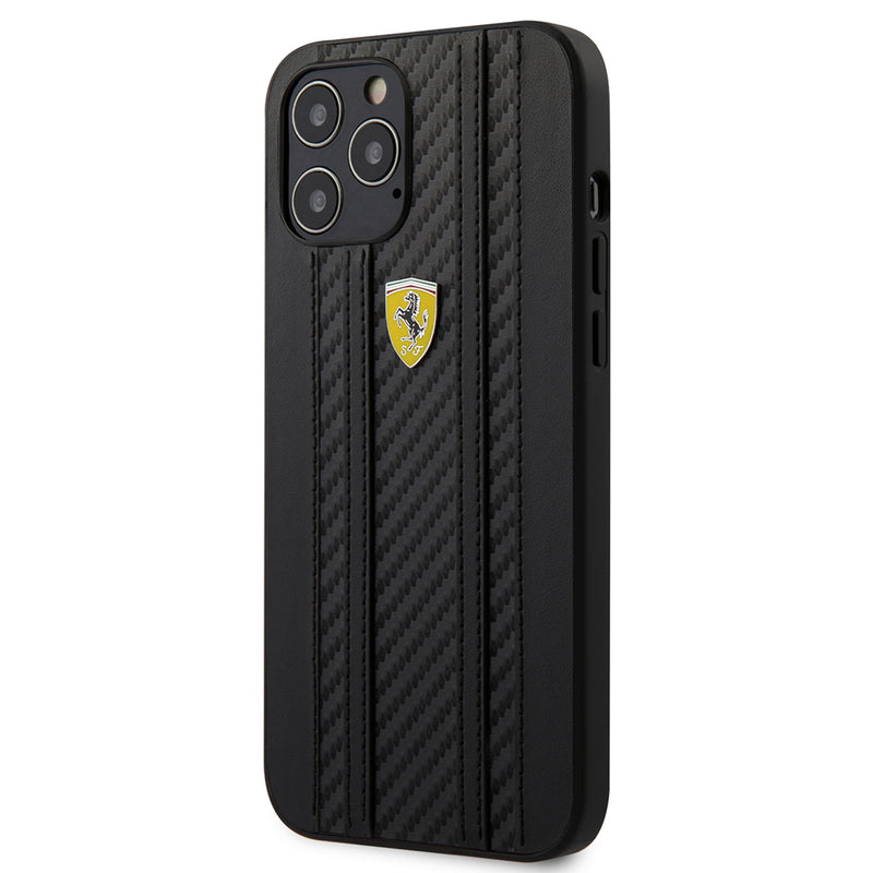 Ferrari Phone Case Pu Leather On Track Carbon Effect With Stripes - iPhone 12 Black