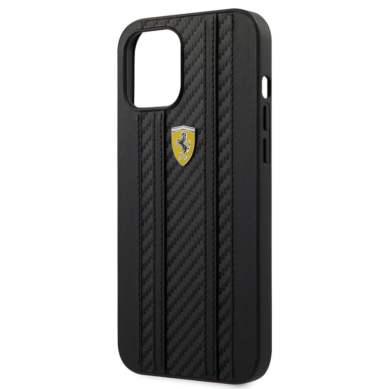 Ferrari Phone Case Pu Leather On Track Carbon Effect With Stripes - iPhone 12 Black