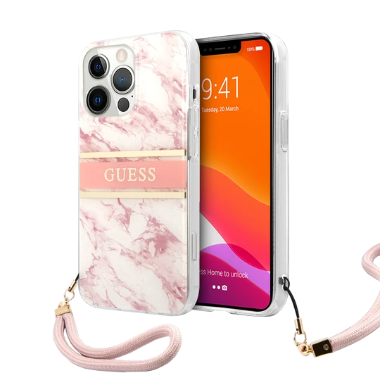 Guess HC PC/TPU Marble Strap for iPhone 13 Pro Pink