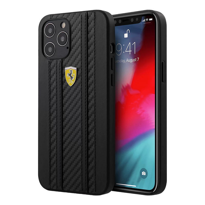 Ferrari Phone Case Pu Leather On Track Carbon Effect With Stripes - iPhone 12 Pro Max Black