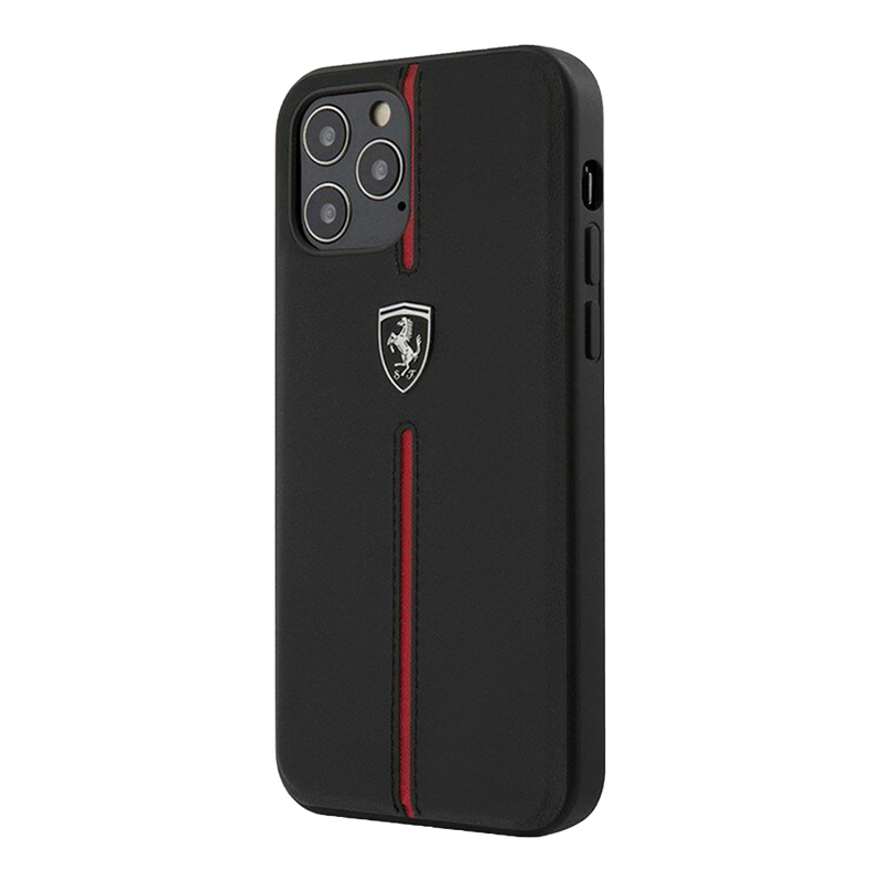 Ferrari Real Leather Hard Case Off Track With Contrasted Stitched Nylon Stripe - iPhone 12 / iPhone 12 Pro Black